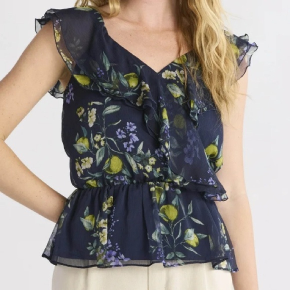 NO BOUNDARIES RUFFLE WRAP CHIFFON BLOUSE TOP FRUIT BOUQUET DARK NAVY